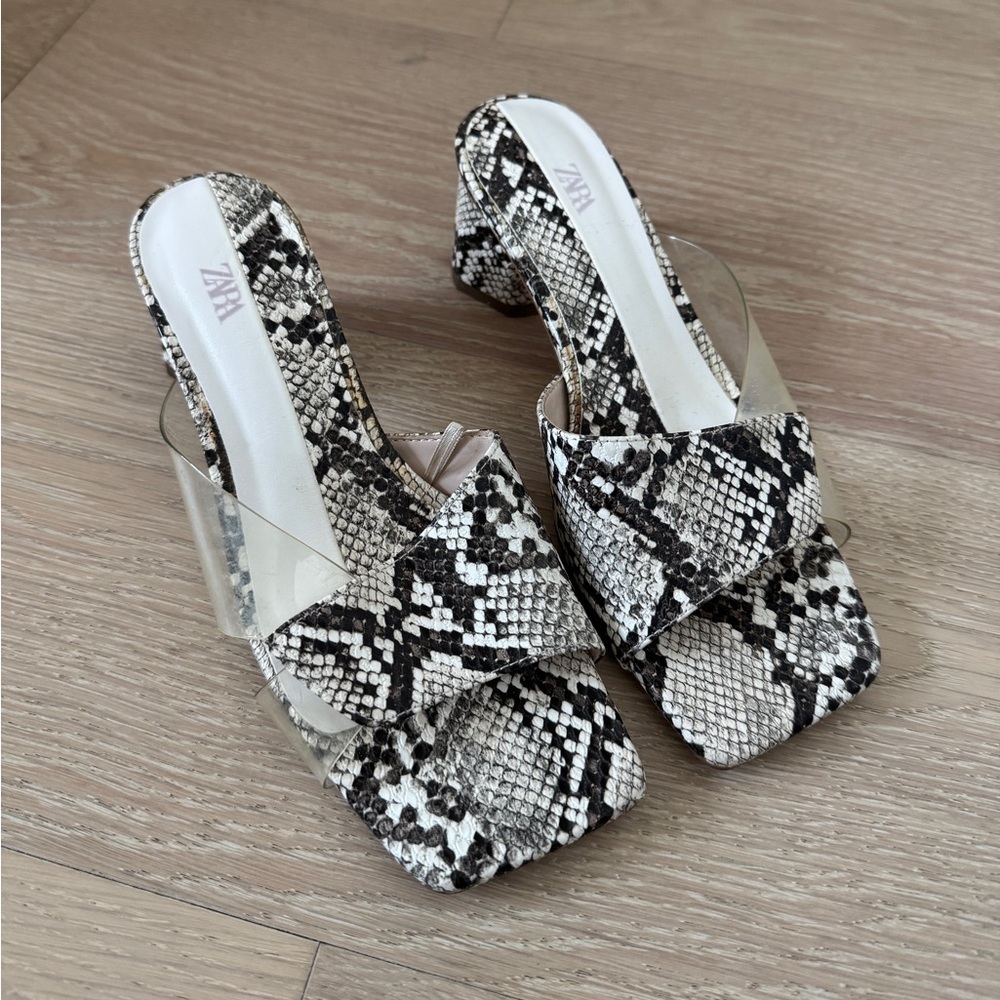 Zara Snake Print Block Heel Clear Strap Synthetic Mules Women's US 5